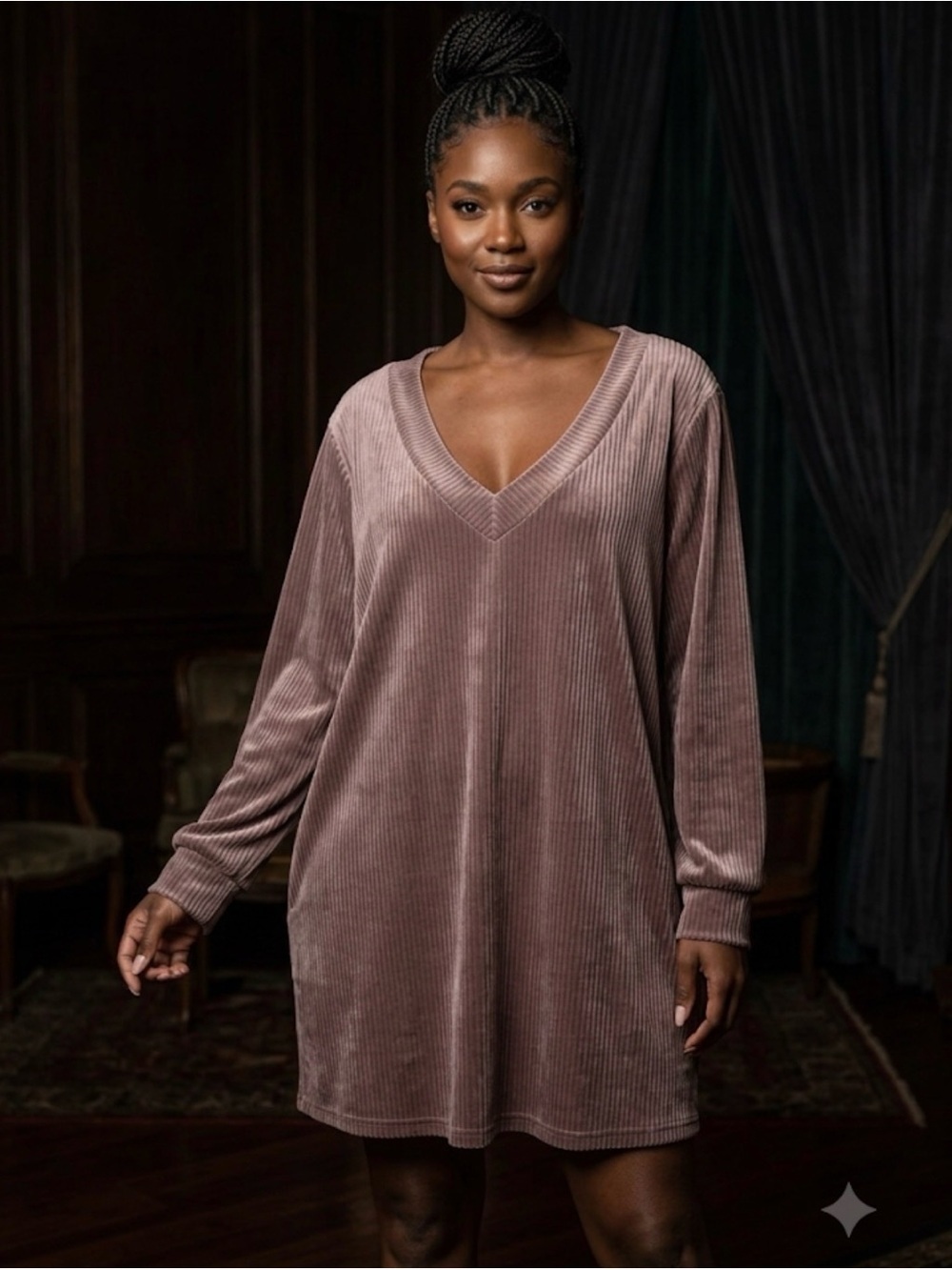 Velvet Rib V-Neck Slip Dress in Mauve